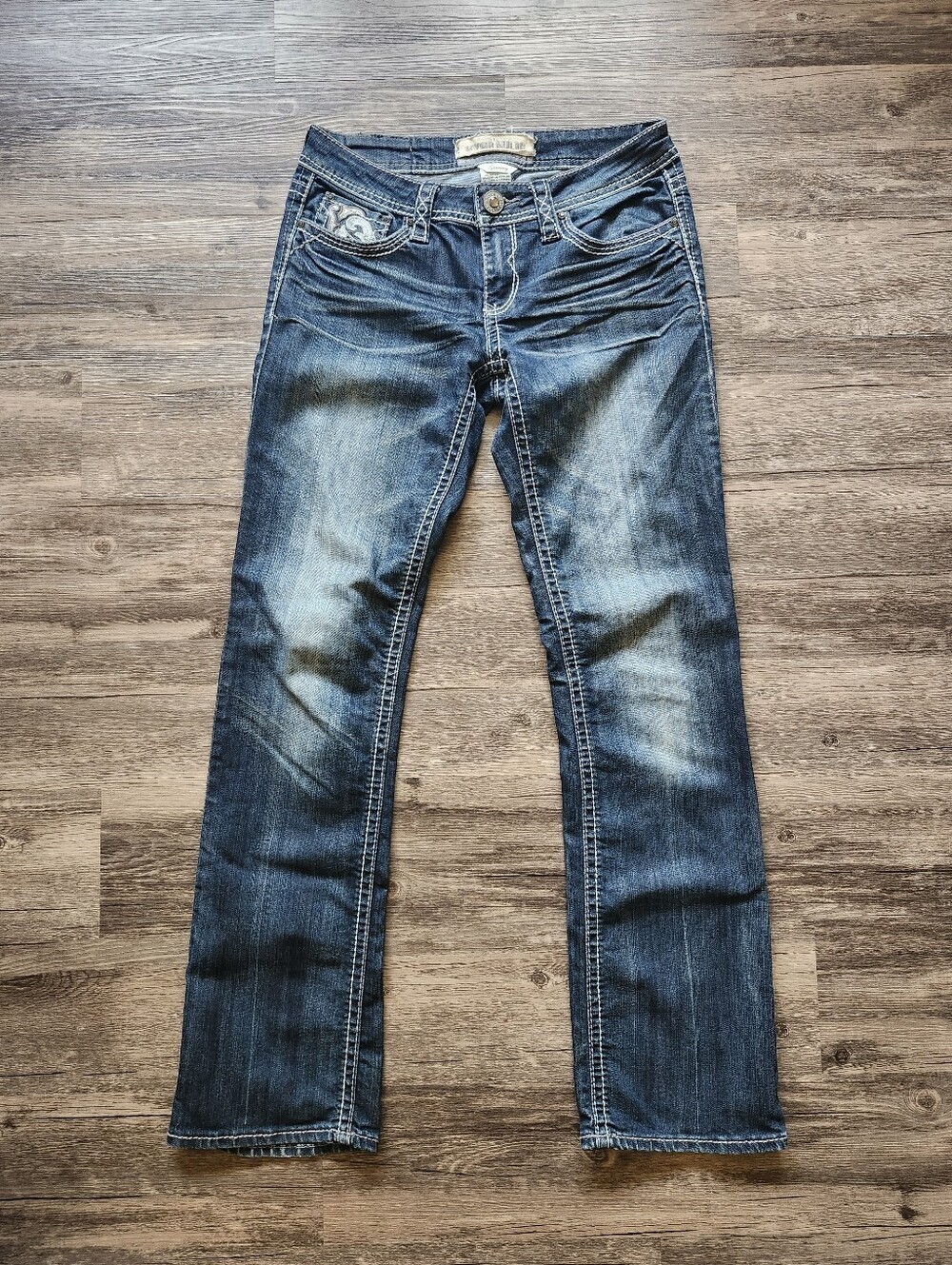 Hydraulic Gramercy Embroidered Pocket Medium Dark Blue Denim Bootcut Jeans - Picture 5 of 7